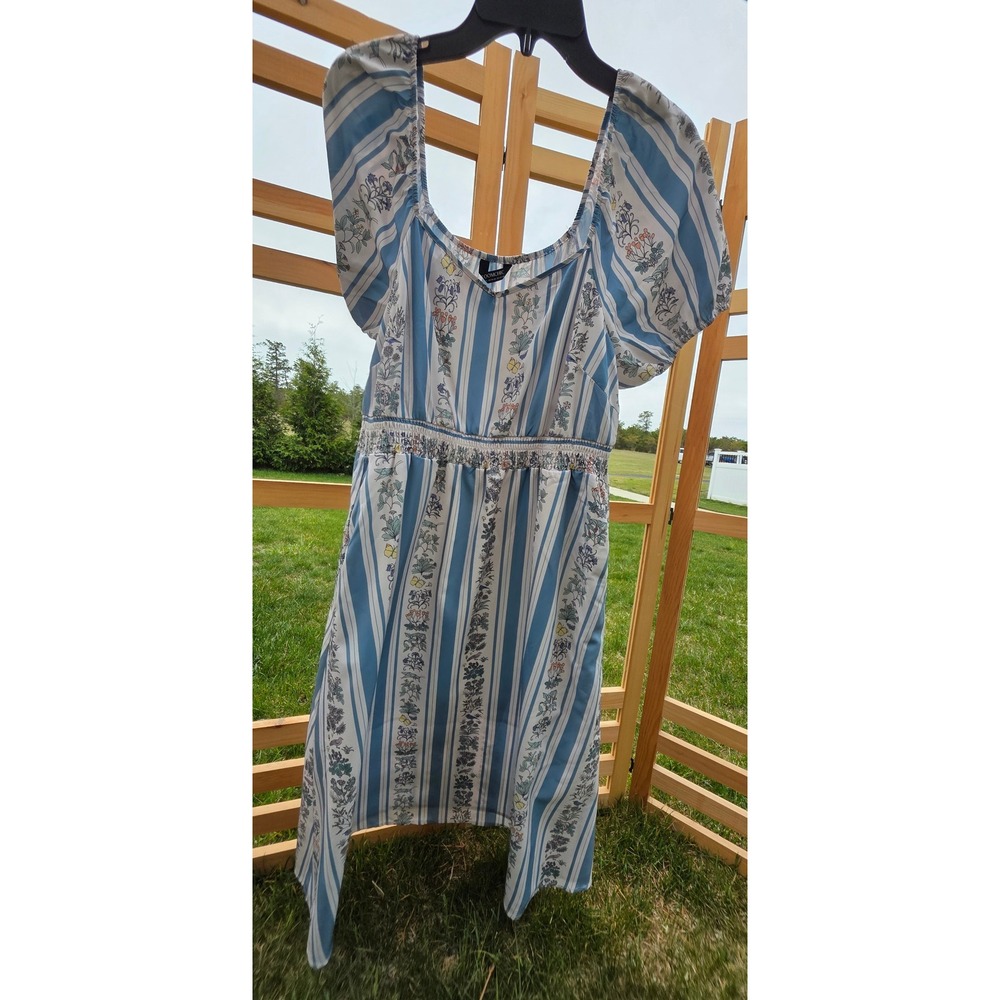 Women's sz 14-16 Blue White Striped Floral Butterfly Smocked Midi Dress Peasant